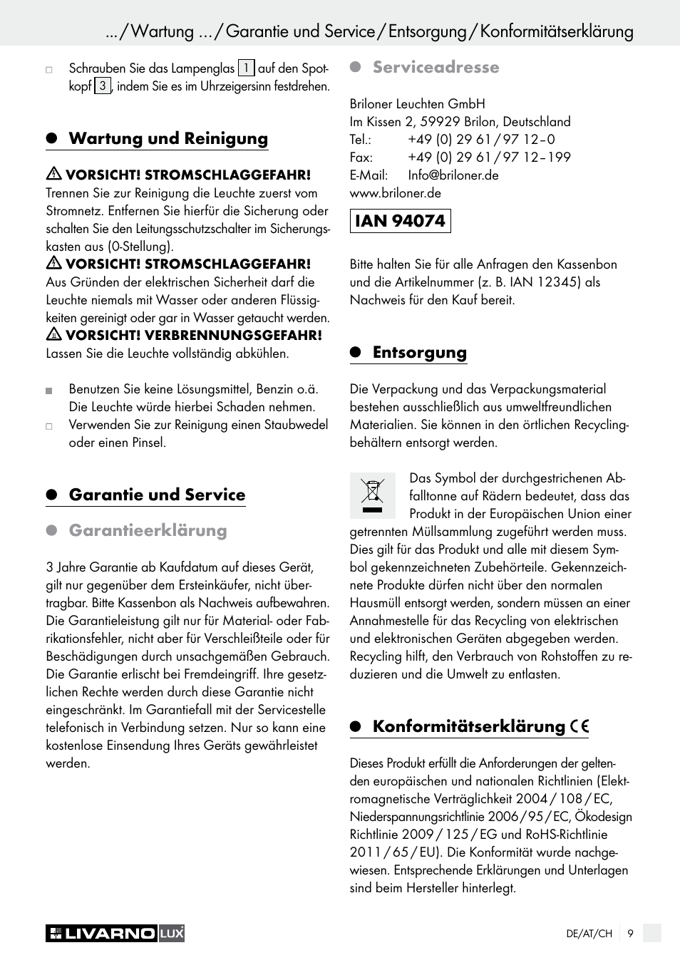 Wartung und reinigung, Garantie und service garantieerklärung, Serviceadresse | Entsorgung, Konformitätserklärung | Livarno HALOGEN CEILING LIGHT User Manual | Page 9 / 38