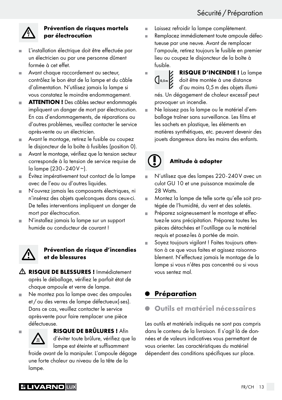 Sécurité / préparation, Préparation outils et matériel nécessaires | Livarno HALOGEN CEILING LIGHT User Manual | Page 13 / 38