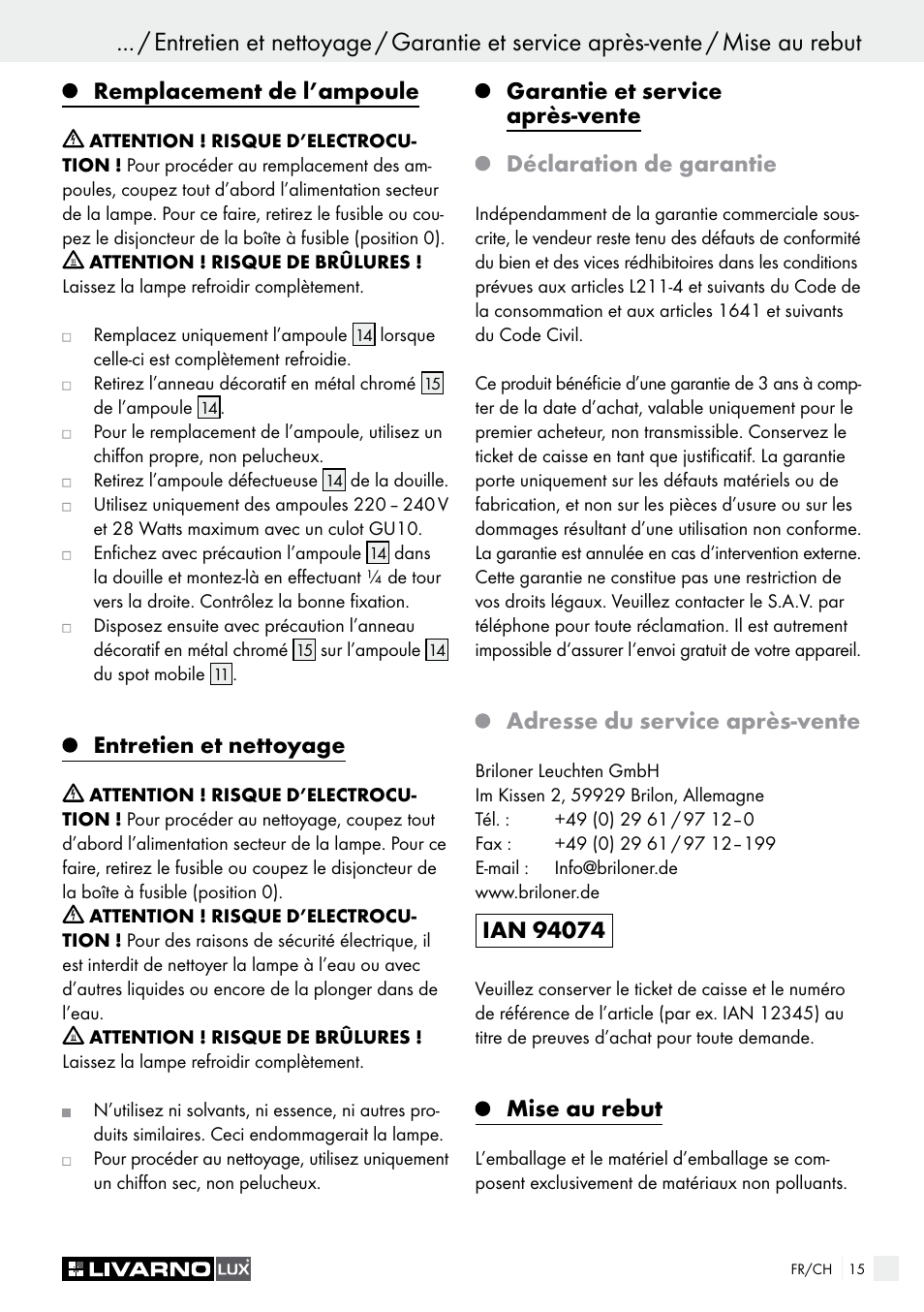 Remplacement de l’ampoule, Entretien et nettoyage, Adresse du service après-vente | Mise au rebut | Livarno HALOGEN CEILING LIGHT User Manual | Page 15 / 38