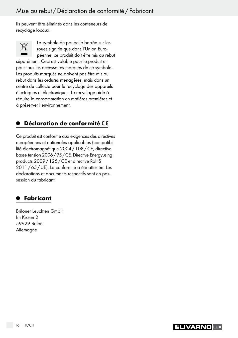 Déclaration de conformité, Fabricant | Livarno HALOGEN CEILING LIGHT User Manual | Page 16 / 38