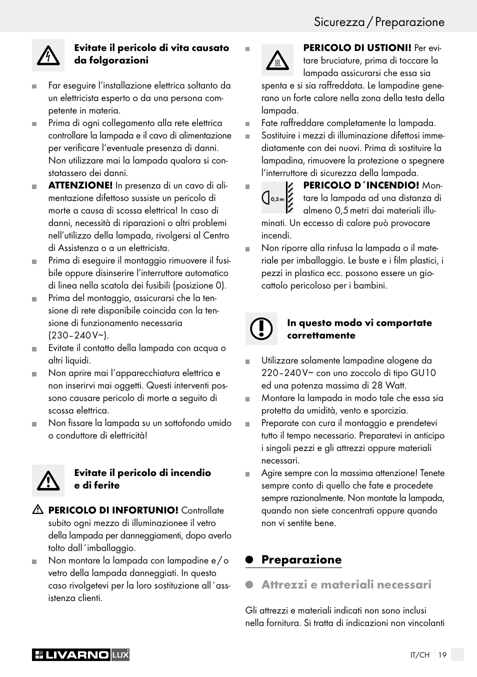 Sicurezza / preparazione, Preparazione attrezzi e materiali necessari | Livarno HALOGEN CEILING LIGHT User Manual | Page 19 / 38