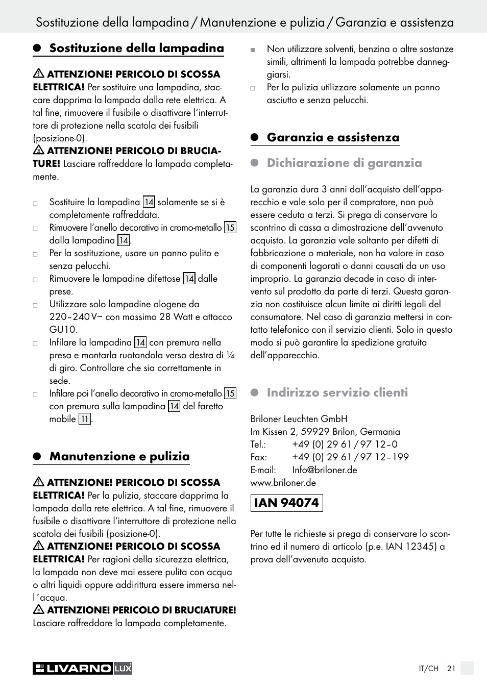 Sostituzione della lampadina, Manutenzione e pulizia, Garanzia e assistenza dichiarazione di garanzia | Indirizzo servizio clienti | Livarno HALOGEN CEILING LIGHT User Manual | Page 21 / 38