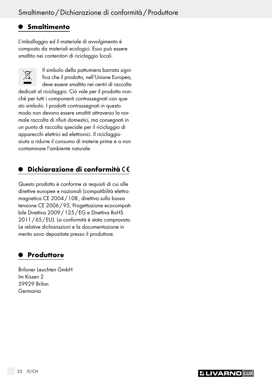 Smaltimento, Dichiarazione di conformità, Produttore | Livarno HALOGEN CEILING LIGHT User Manual | Page 22 / 38