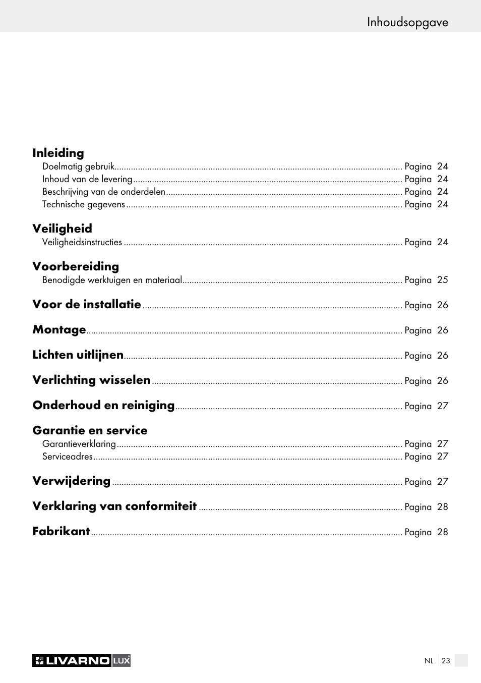 Inhoudsopgave | Livarno HALOGEN CEILING LIGHT User Manual | Page 23 / 38