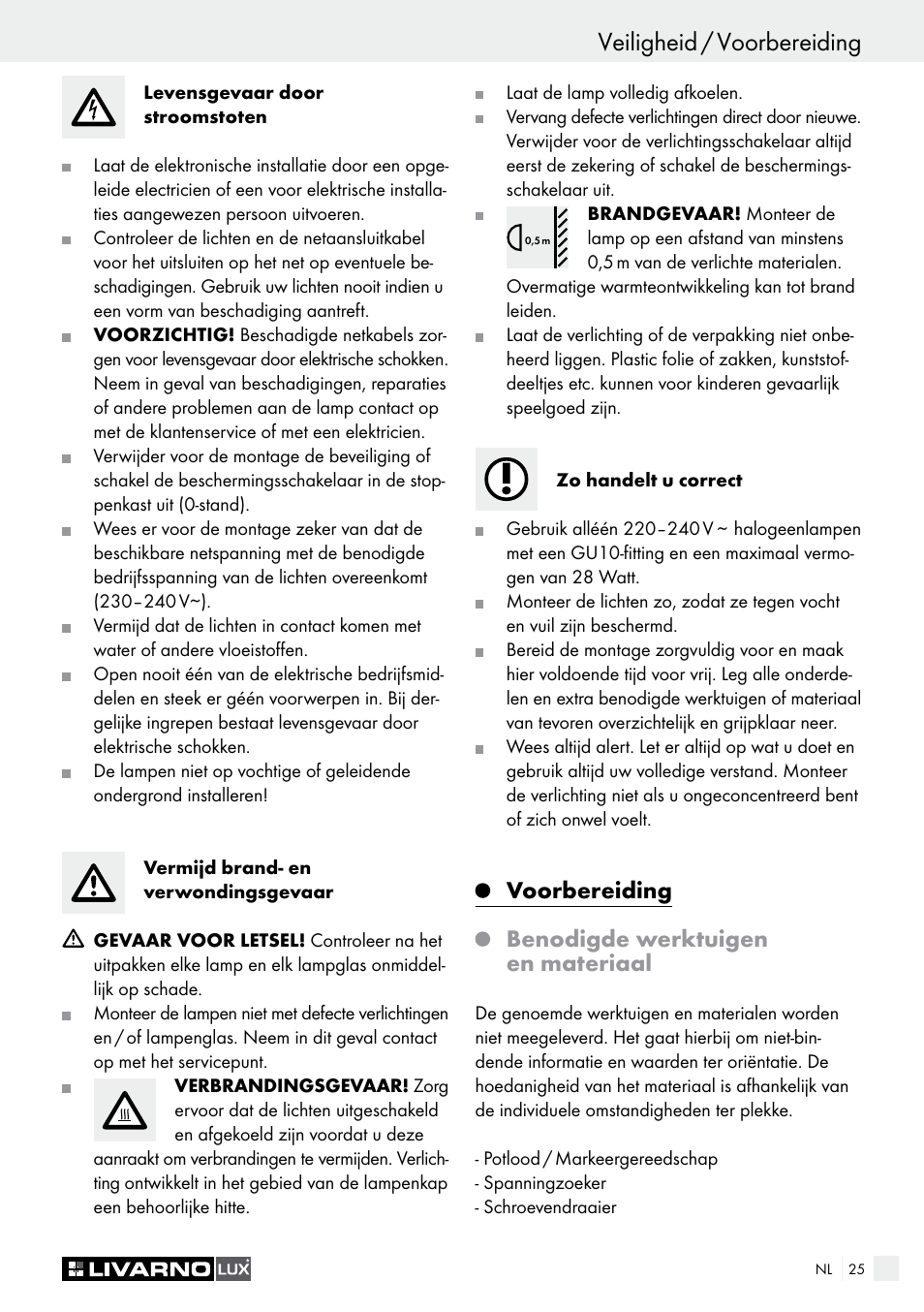 Veiligheid / voorbereiding, Voorbereiding benodigde werktuigen en materiaal | Livarno HALOGEN CEILING LIGHT User Manual | Page 25 / 38