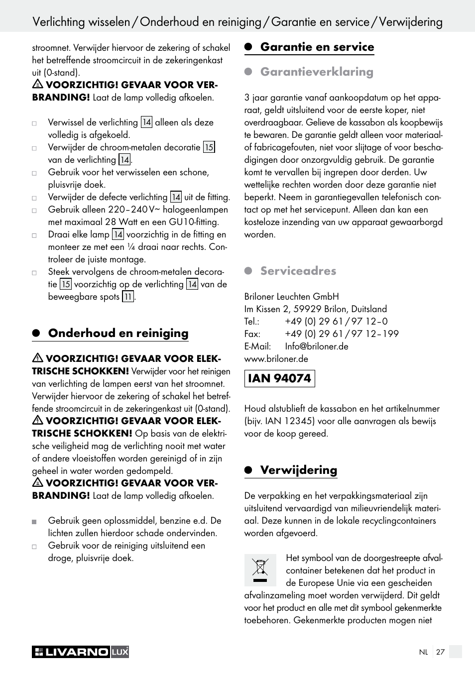 Onderhoud en reiniging, Garantie en service garantieverklaring, Serviceadres | Verwijdering | Livarno HALOGEN CEILING LIGHT User Manual | Page 27 / 38