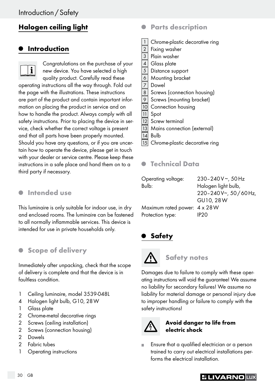 Halogen ceiling light introduction, Intended use, Scope of delivery | Parts description, Technical data | Livarno HALOGEN CEILING LIGHT User Manual | Page 30 / 38