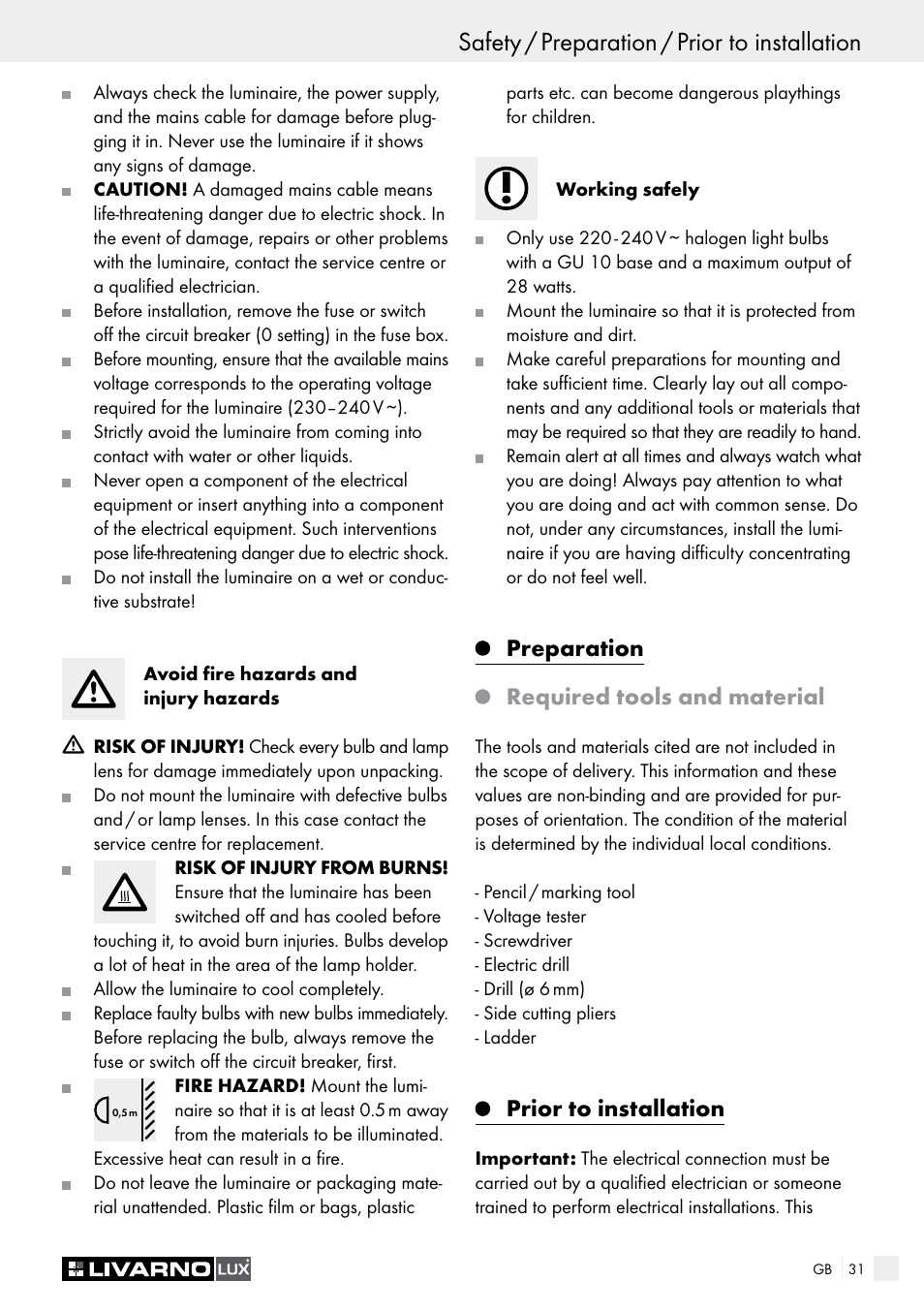 Safety / preparation / prior to installation, Preparation required tools and material, Prior to installation | Livarno HALOGEN CEILING LIGHT User Manual | Page 31 / 38