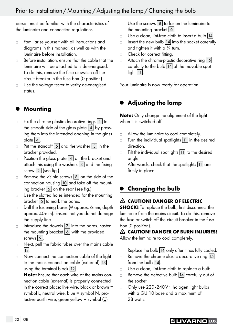 Mounting, Adjusting the lamp, Changing the bulb | Livarno HALOGEN CEILING LIGHT User Manual | Page 32 / 38