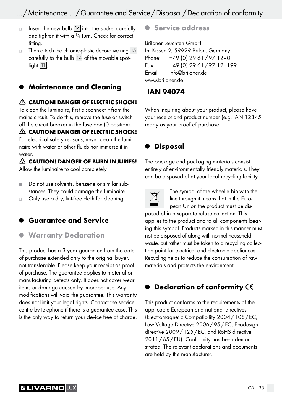 Maintenance and cleaning, Guarantee and service warranty declaration, Service address | Disposal, Declaration of conformity | Livarno HALOGEN CEILING LIGHT User Manual | Page 33 / 38