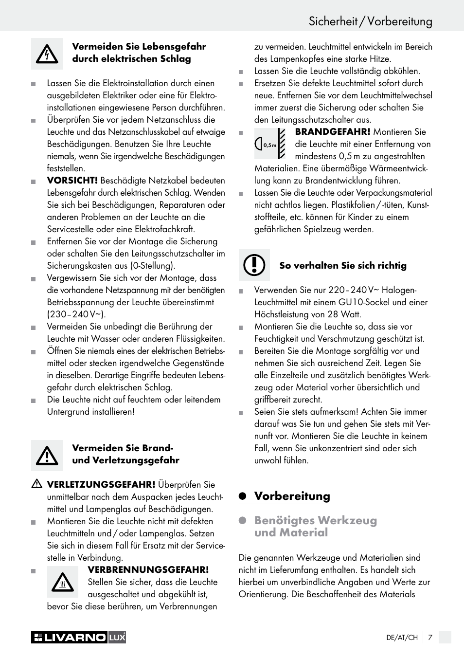 Sicherheit / vorbereitung, Vorbereitung, Benötigtes werkzeug und material | Livarno HALOGEN CEILING LIGHT User Manual | Page 7 / 38