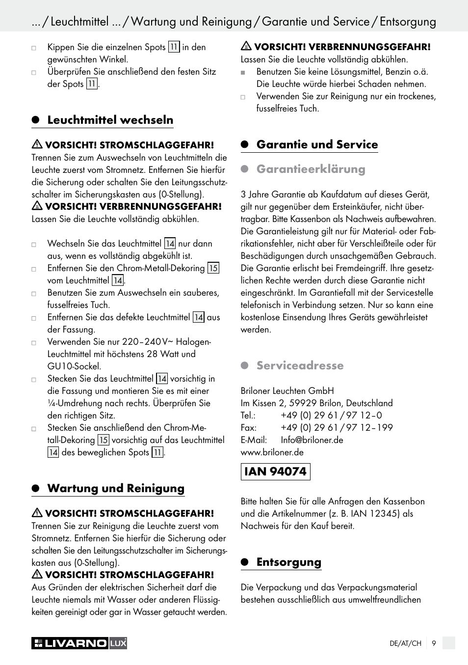 Leuchtmittel wechseln, Wartung und reinigung, Garantie und service garantieerklärung | Serviceadresse, Entsorgung | Livarno HALOGEN CEILING LIGHT User Manual | Page 9 / 38