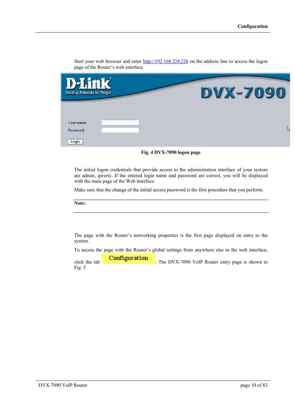 4 configuration, 1 configuring networking properties, Configuration | Onfiguring networking properties, Onfiguration | D-Link VOIP DVX-7090 User Manual | Page 10 / 83