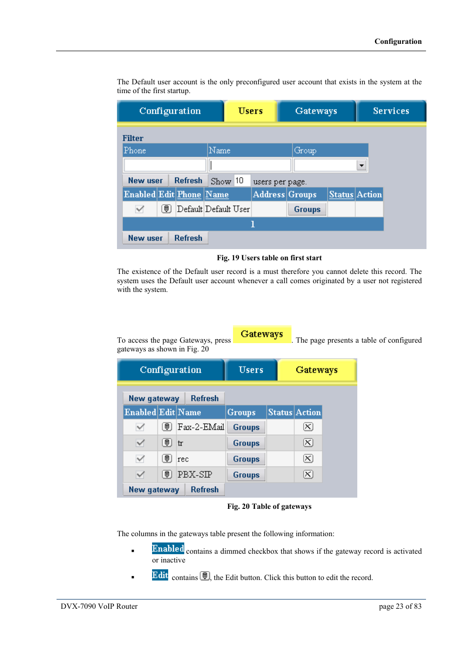 6 default user, 3 configuring gateways, Default user | Onfiguring gateways | D-Link VOIP DVX-7090 User Manual | Page 23 / 83