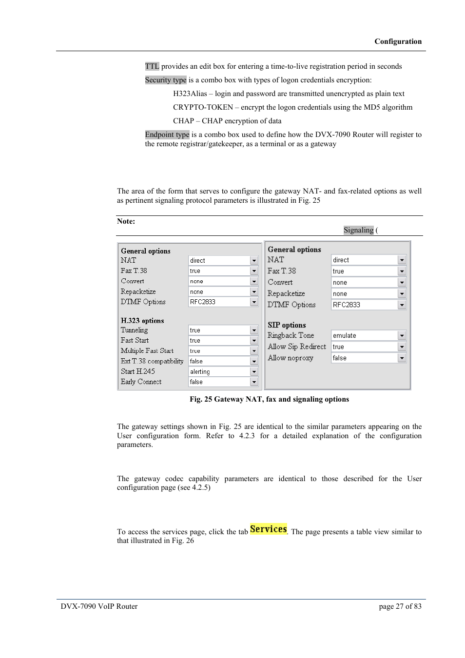 5 gateway codec capability settings, 4 configuring dvx-7090 services, Gateway codec capability settings | Onfiguring, Dvx-7090, Services | D-Link VOIP DVX-7090 User Manual | Page 27 / 83