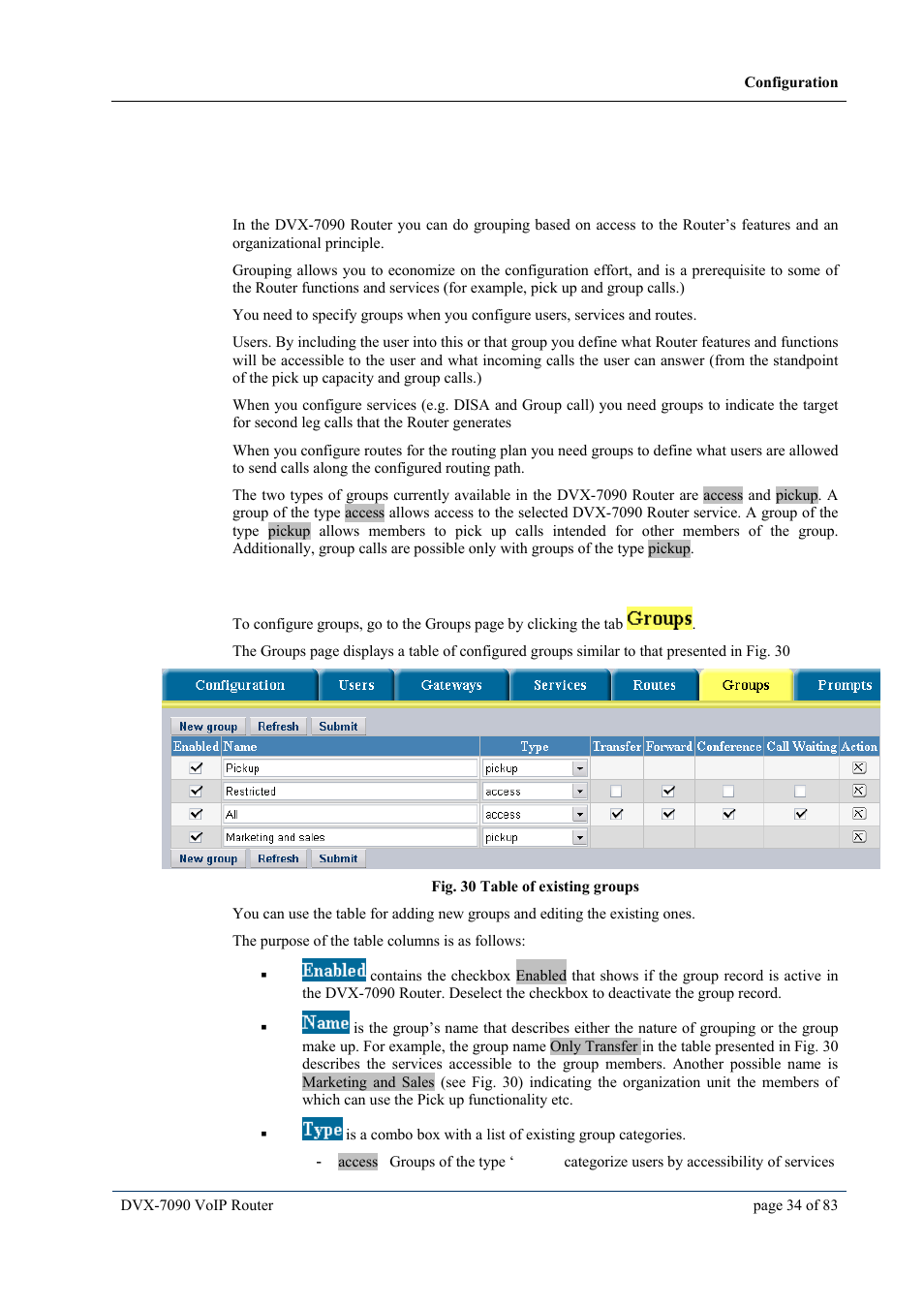 6 groups and grouping, 1 general, 2 configuring groups | Roups and grouping, General, Configuring groups | D-Link VOIP DVX-7090 User Manual | Page 34 / 83