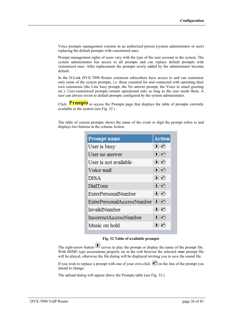 7 managing voice prompts, Anaging voice prompts | D-Link VOIP DVX-7090 User Manual | Page 36 / 83