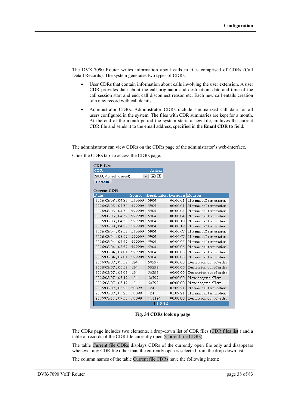 8 cdrs and logs, 1 call detail records (cdrs), 2 viewing cdrs | S and, Call detail records (cdrs), Viewing cdrs, 8 cdr | D-Link VOIP DVX-7090 User Manual | Page 38 / 83