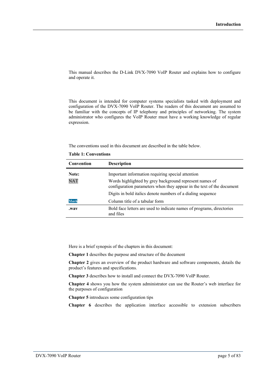 1 introduction, 1 document profile, 2 audience | 3 typographical conventions, 4 document structure, Introduction, Ocument profile, Udience, Ypographical conventions, Ocument structure | D-Link VOIP DVX-7090 User Manual | Page 5 / 83