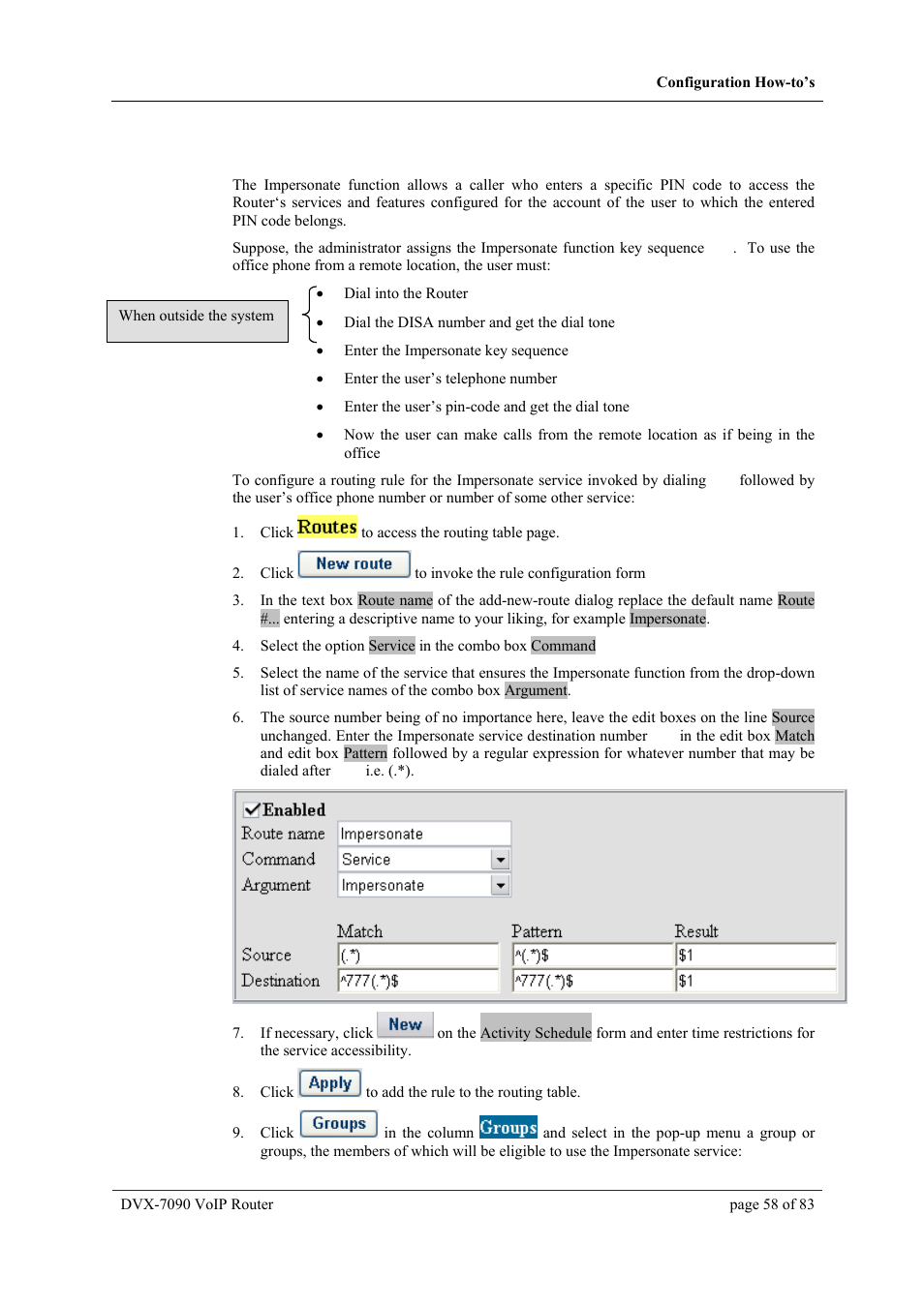 Ow to configure routing path to, Mpersonate function | D-Link VOIP DVX-7090 User Manual | Page 58 / 83