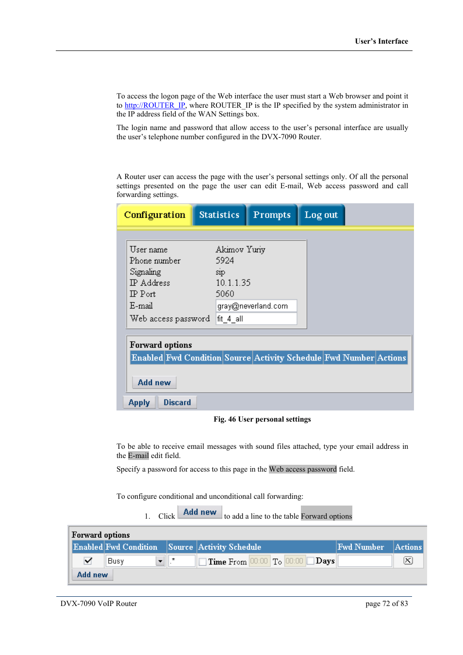 6 user interface, 1 configuring user’s data, User interface | Onfiguring user, S data, Ser interface | D-Link VOIP DVX-7090 User Manual | Page 72 / 83