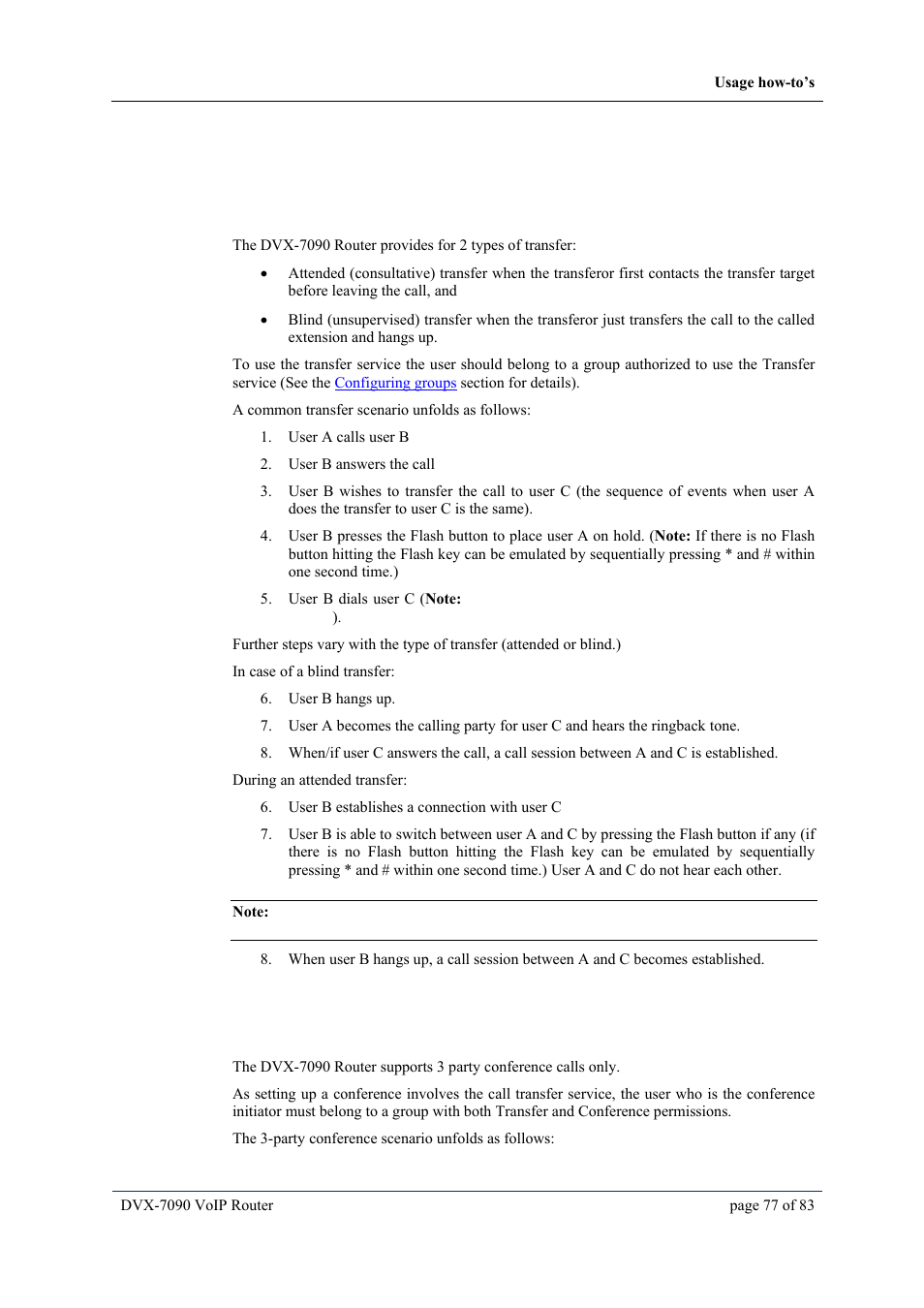 7 usage how-to’s, 1 how to use call transfer, 2 how to make conference calls | Usage how-to’s, Ow to use call transfer, Ow to make conference calls, Sage | D-Link VOIP DVX-7090 User Manual | Page 77 / 83