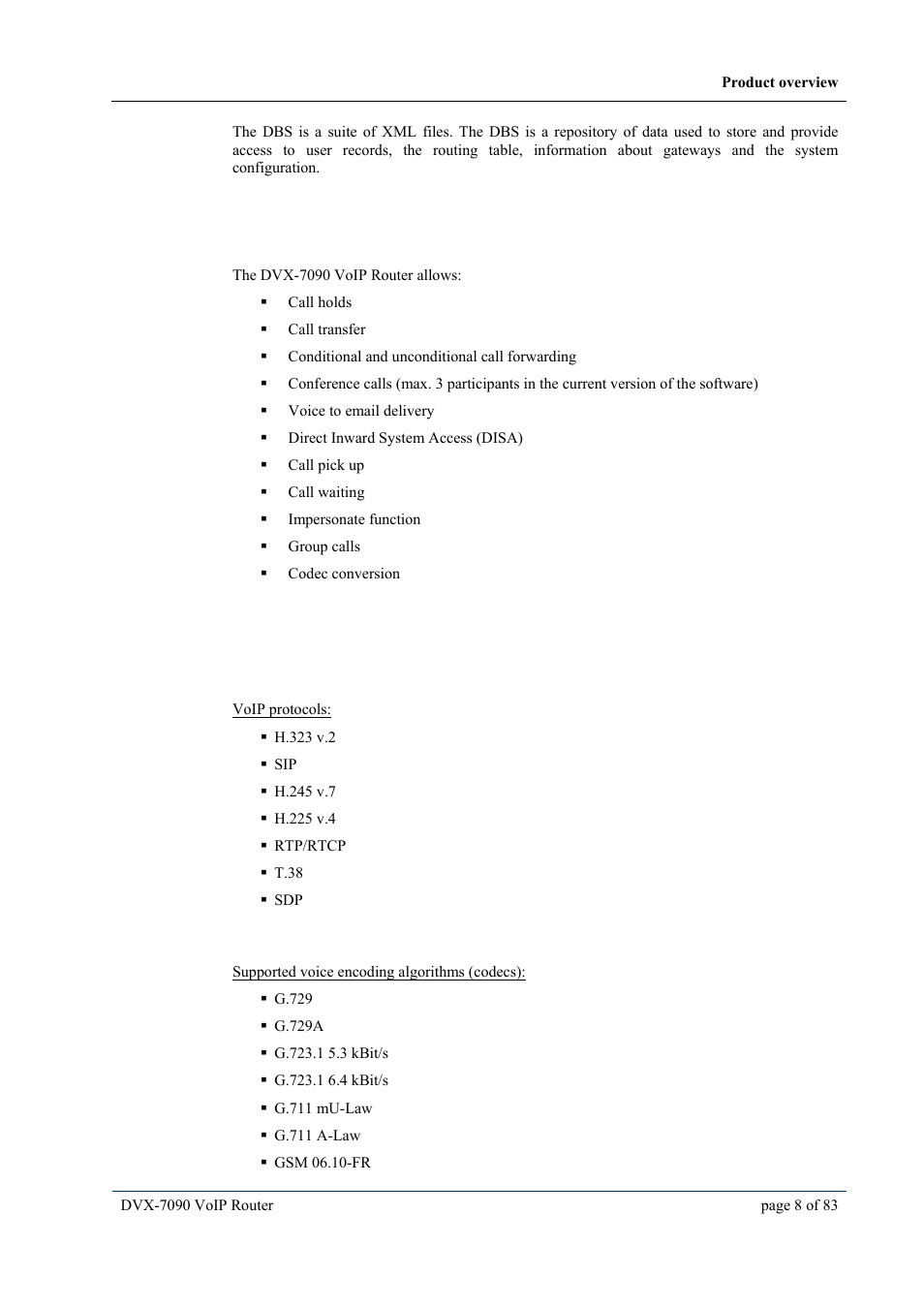 3 router features, 4 protocols and standards, Outer | Eatures, Rotocols and, Tandards | D-Link VOIP DVX-7090 User Manual | Page 8 / 83