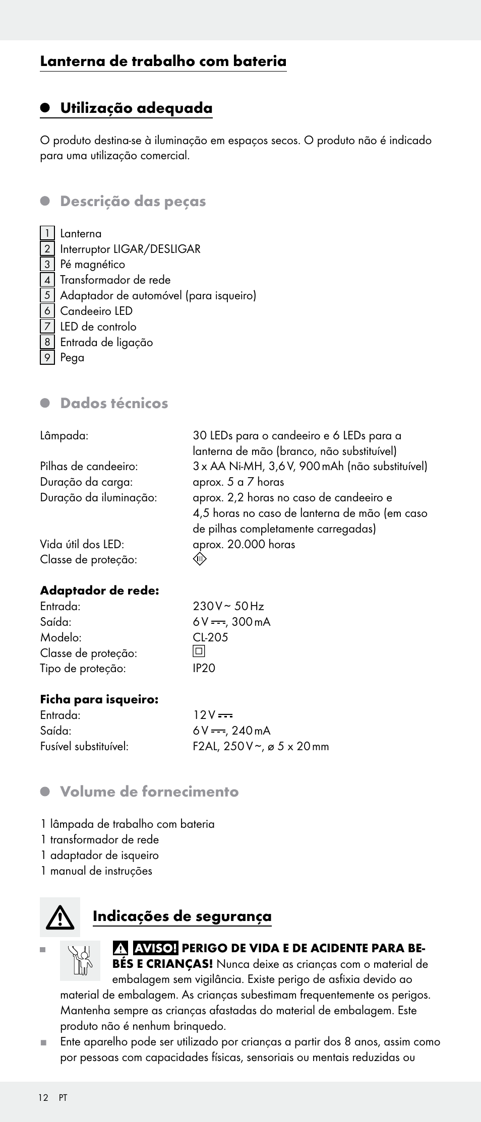 Descrição das peças, Dados técnicos, Volume de fornecimento | Indicações de segurança | Livarno Z31346-BS User Manual | Page 12 / 24