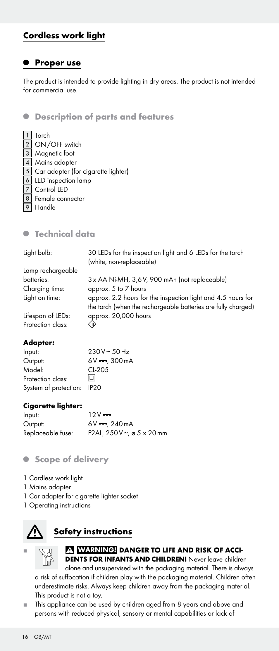 Cordless work light, Proper use, Description of parts and features | Technical data, Scope of delivery, Safety instructions | Livarno Z31346-BS User Manual | Page 16 / 24