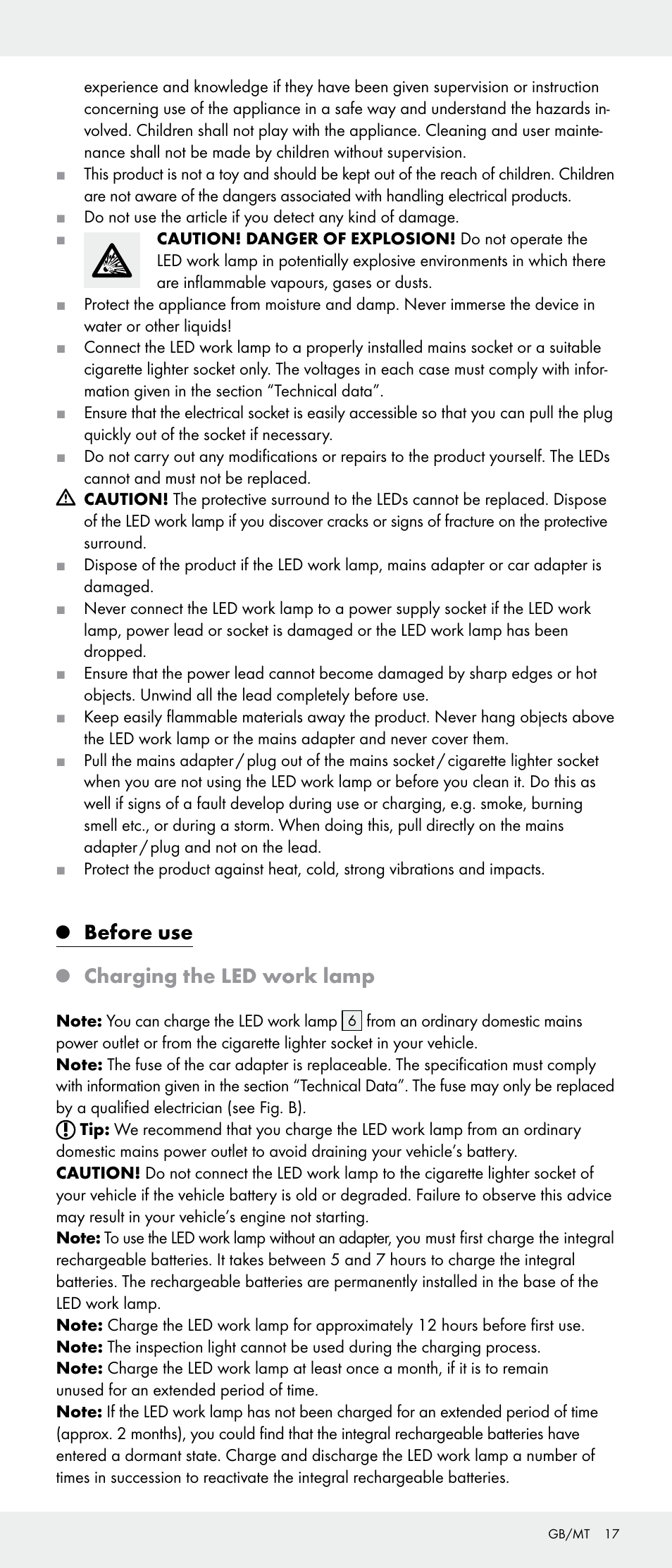 Before use, Charging the led work lamp | Livarno Z31346-BS User Manual | Page 17 / 24