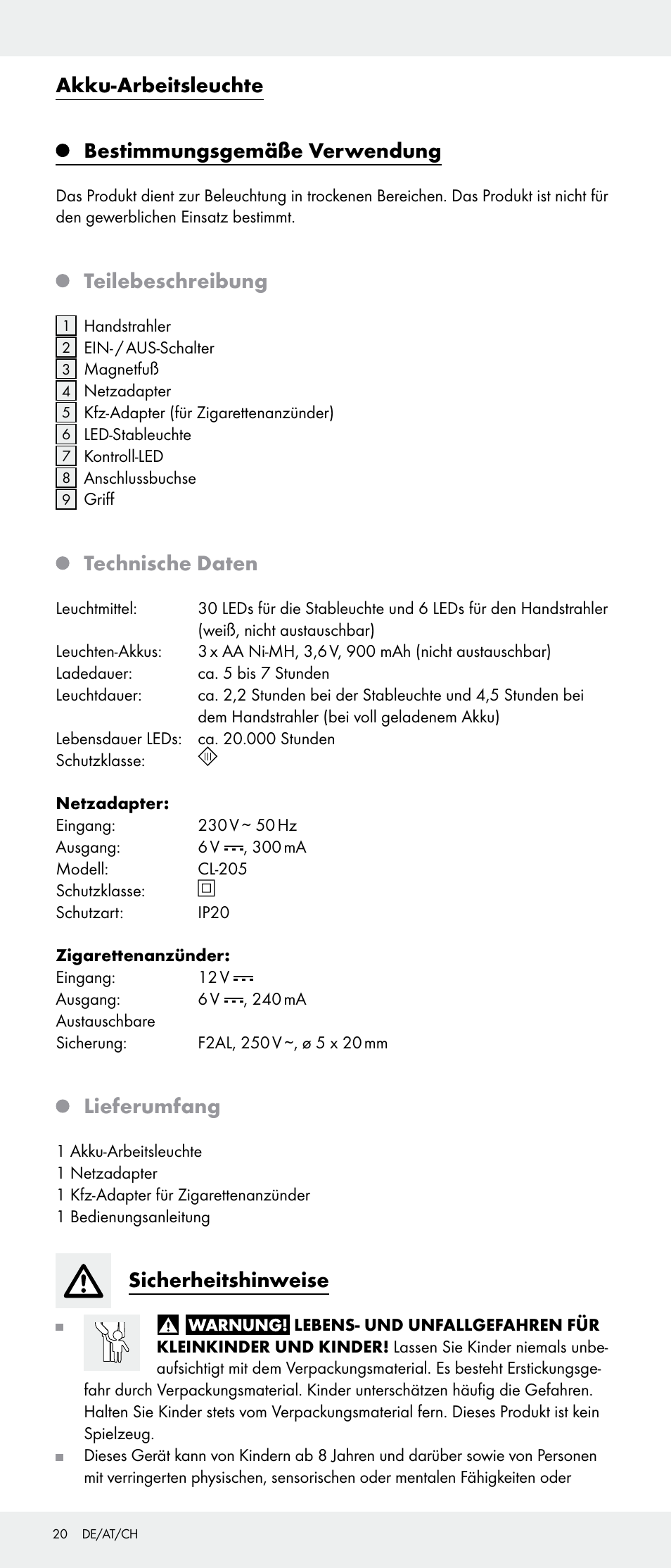 Akku-arbeitsleuchte, Bestimmungsgemäße verwendung, Teilebeschreibung | Technische daten, Lieferumfang, Sicherheitshinweise | Livarno Z31346-BS User Manual | Page 20 / 24