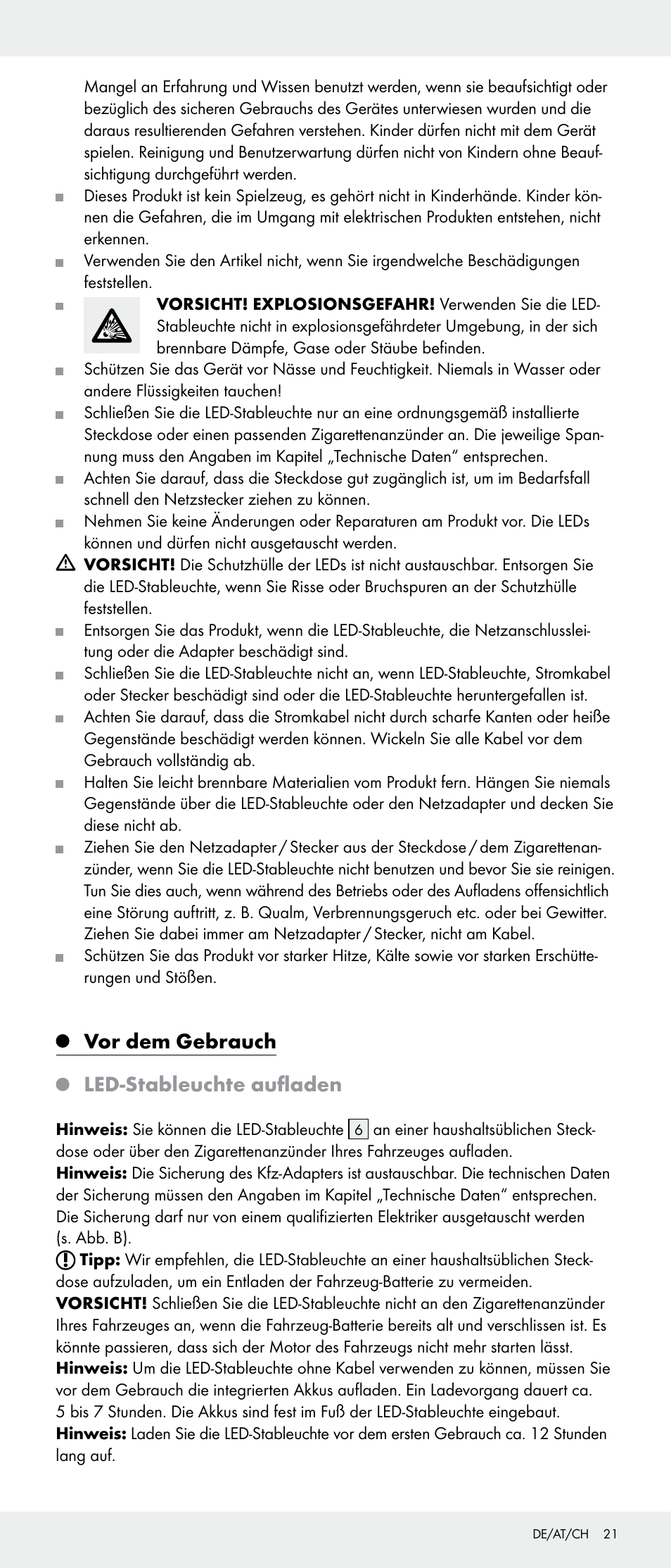 Vor dem gebrauch, Led-stableuchte aufladen | Livarno Z31346-BS User Manual | Page 21 / 24