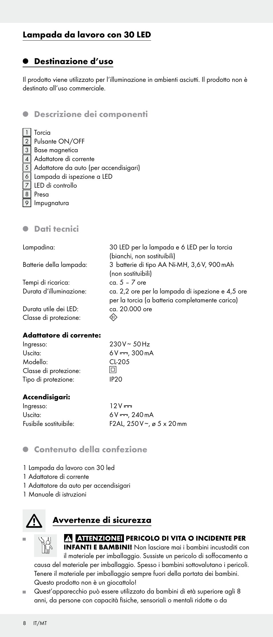 Lampada da lavoro con 30 led destinazione d’uso, Descrizione dei componenti, Dati tecnici | Contenuto della confezione, Avvertenze di sicurezza | Livarno Z31346-BS User Manual | Page 8 / 24