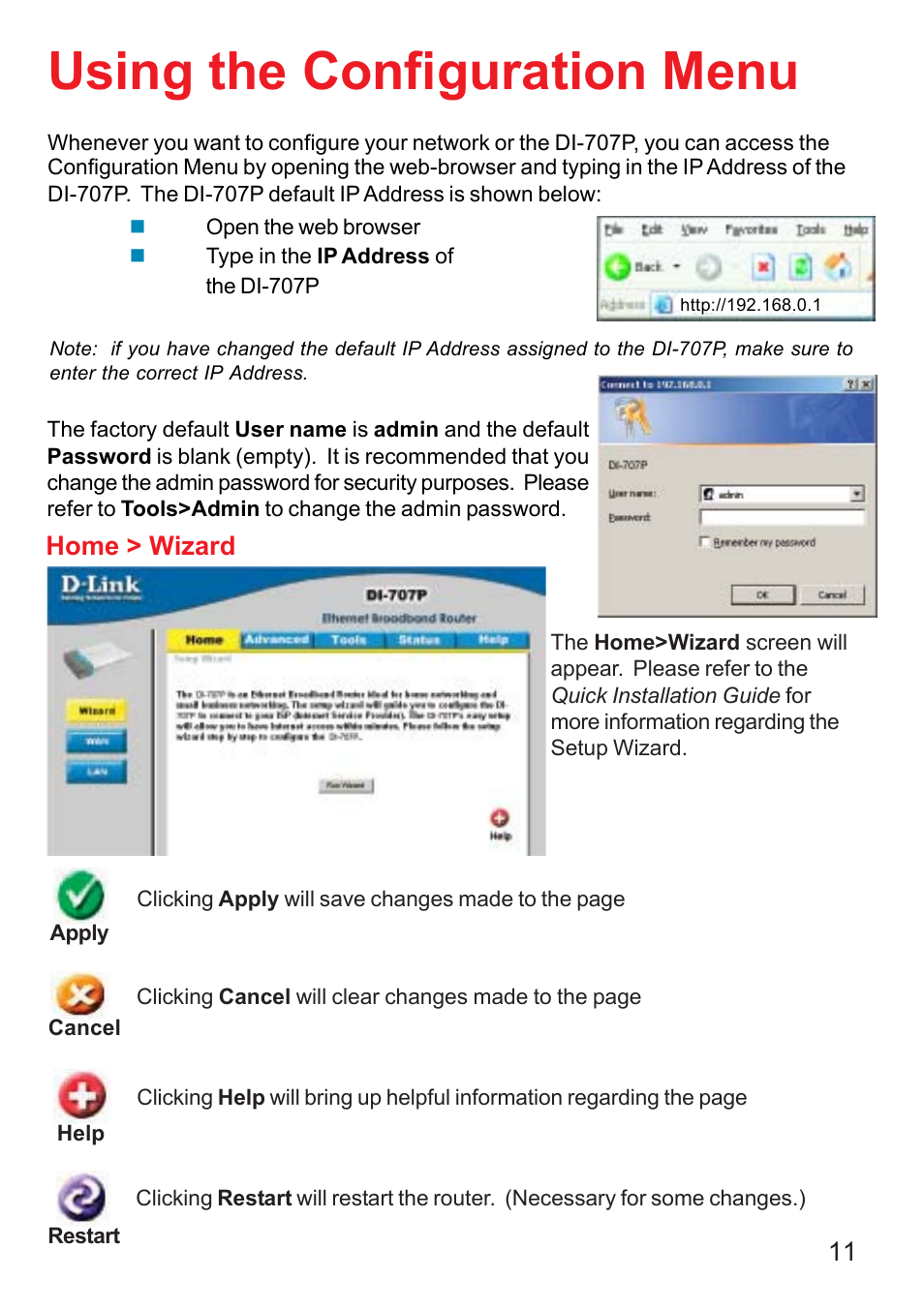 Using the configuration menu | D-Link DI-707P User Manual | Page 12 / 75