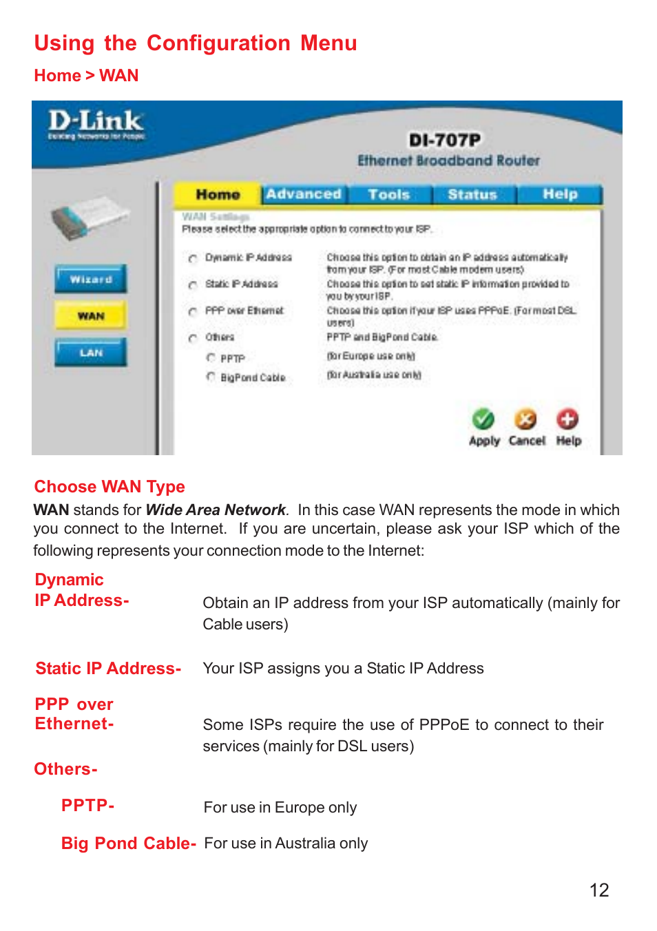 Using the configuration menu | D-Link DI-707P User Manual | Page 13 / 75