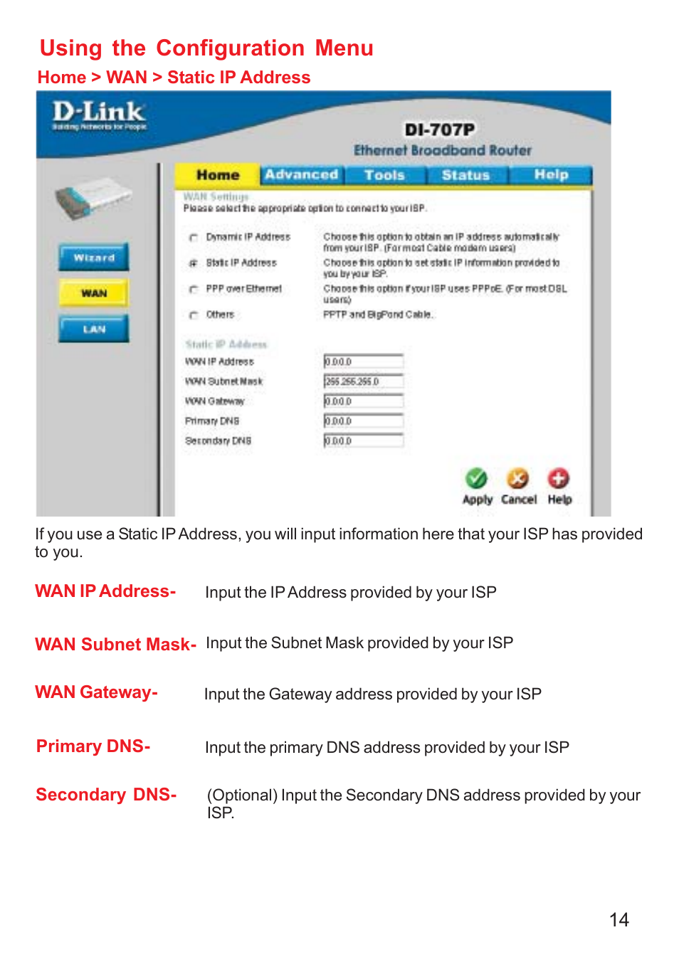 Using the configuration menu | D-Link DI-707P User Manual | Page 15 / 75