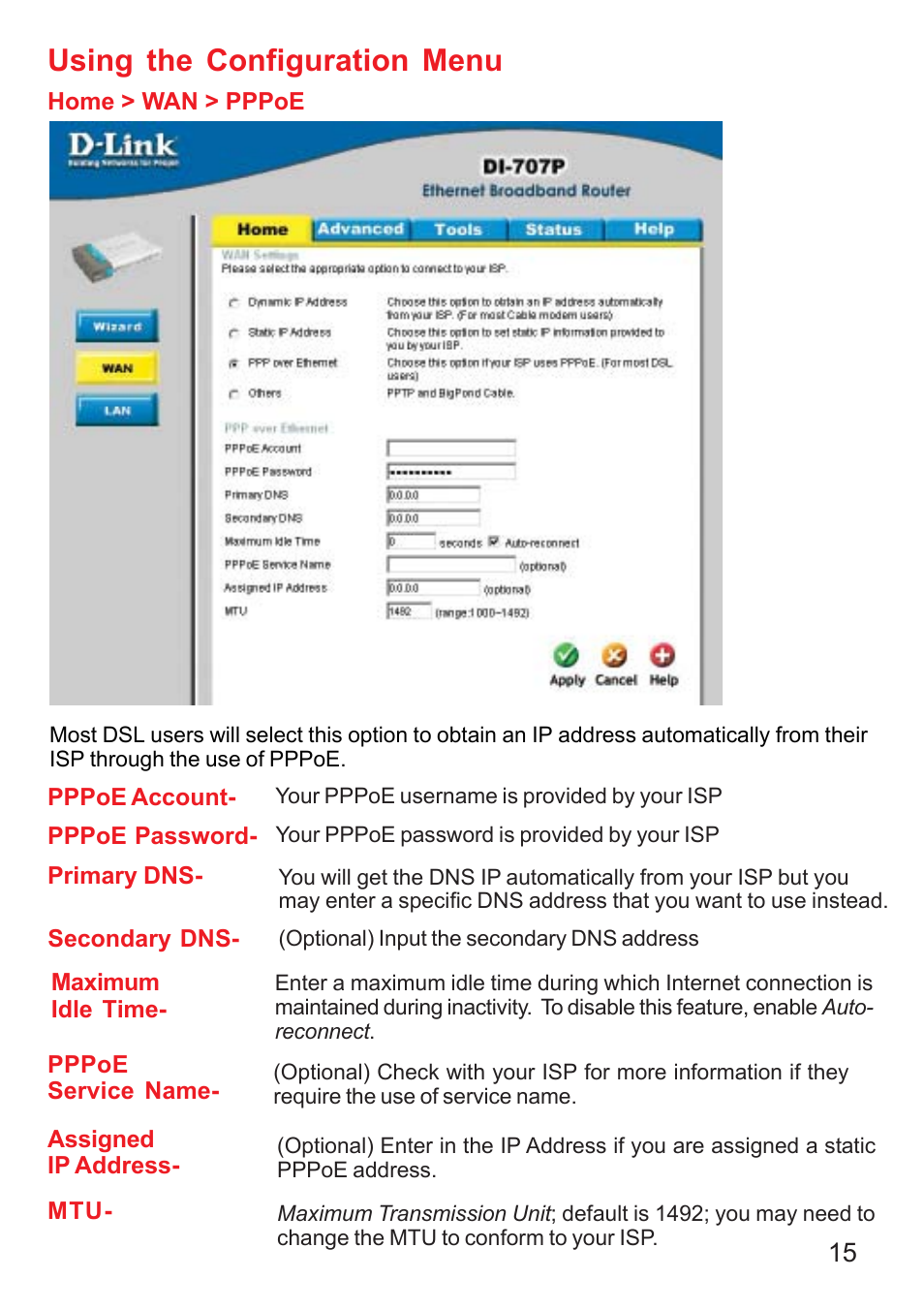 Using the configuration menu | D-Link DI-707P User Manual | Page 16 / 75