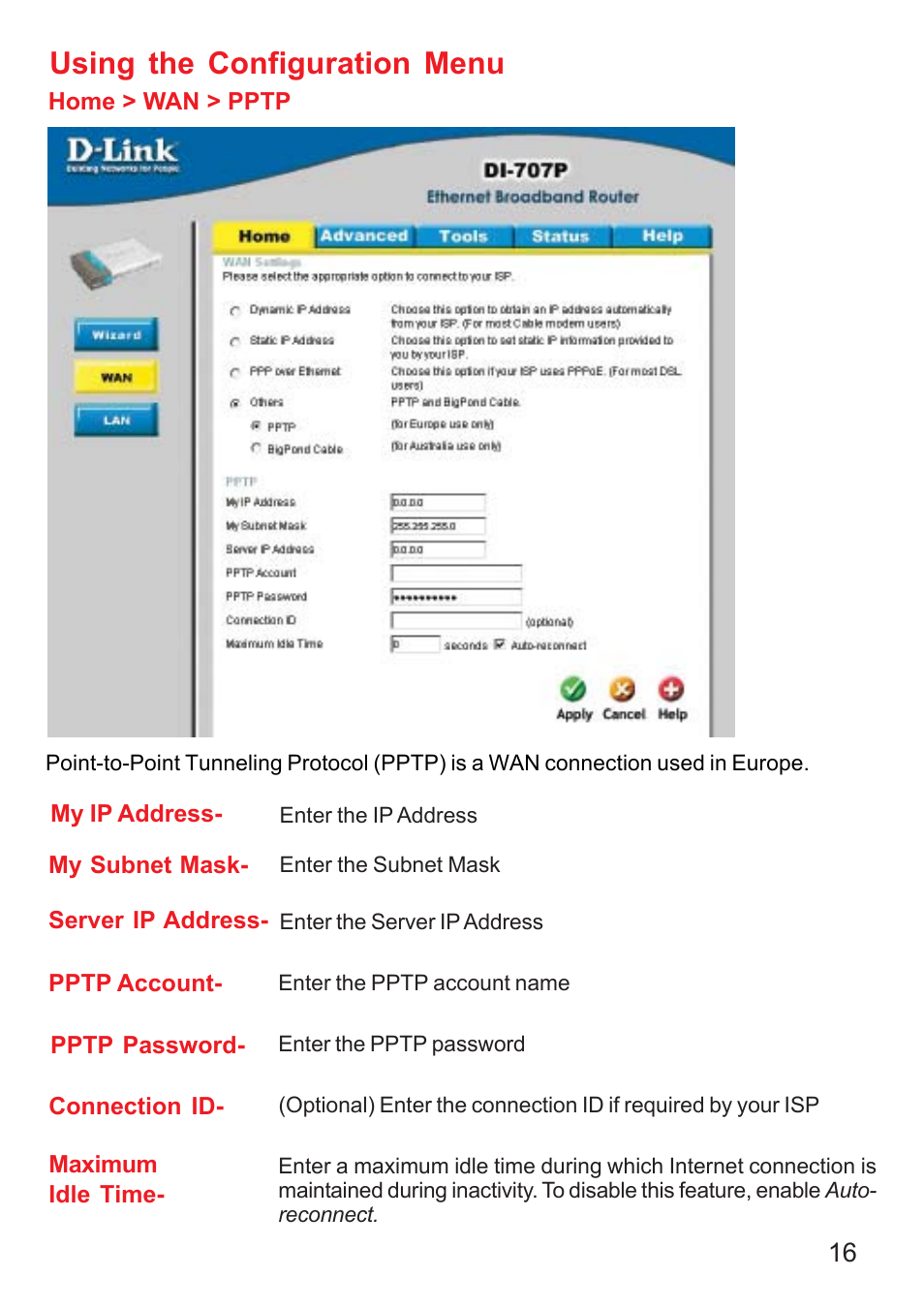 Using the configuration menu | D-Link DI-707P User Manual | Page 17 / 75