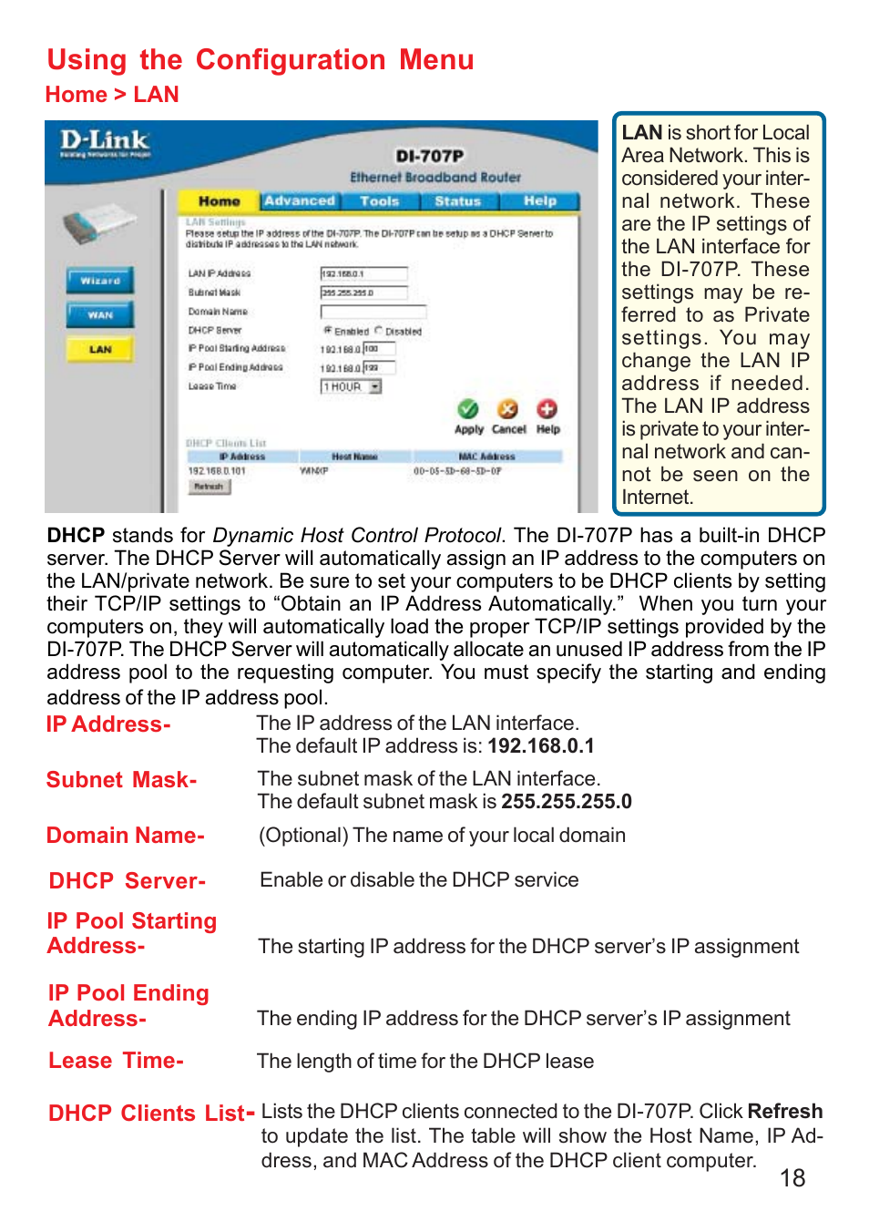 Using the configuration menu | D-Link DI-707P User Manual | Page 19 / 75