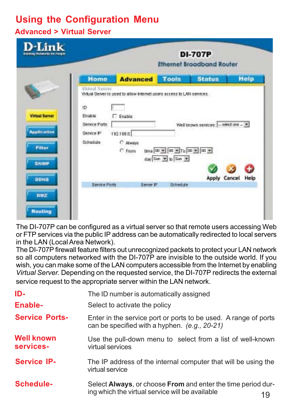 Using the configuration menu | D-Link DI-707P User Manual | Page 20 / 75