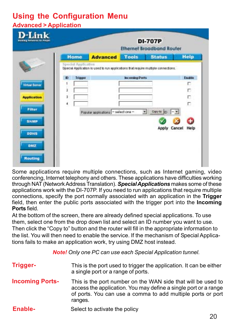 Using the configuration menu | D-Link DI-707P User Manual | Page 21 / 75