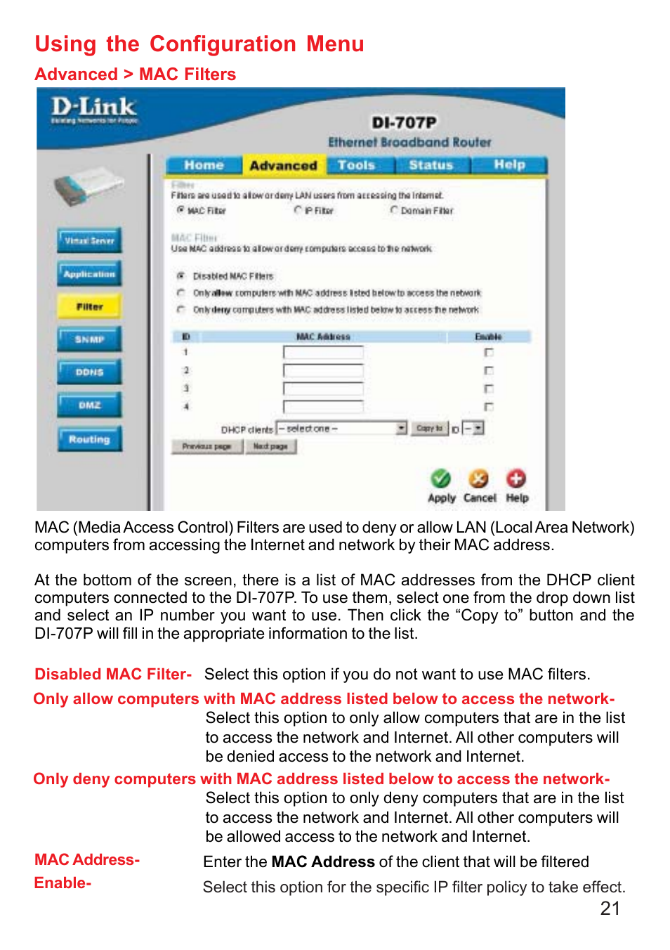 Using the configuration menu | D-Link DI-707P User Manual | Page 22 / 75