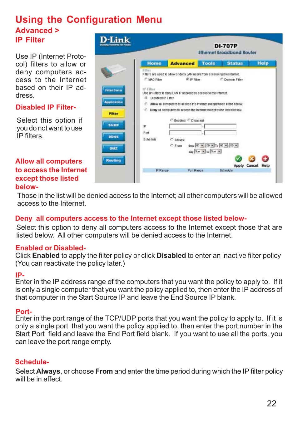 Using the configuration menu | D-Link DI-707P User Manual | Page 23 / 75