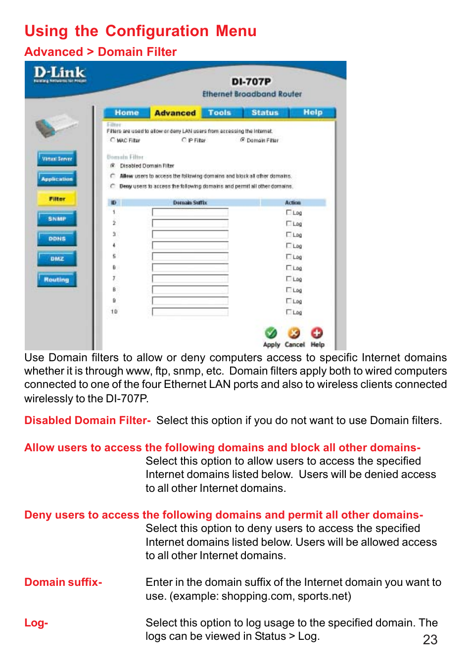 Using the configuration menu | D-Link DI-707P User Manual | Page 24 / 75