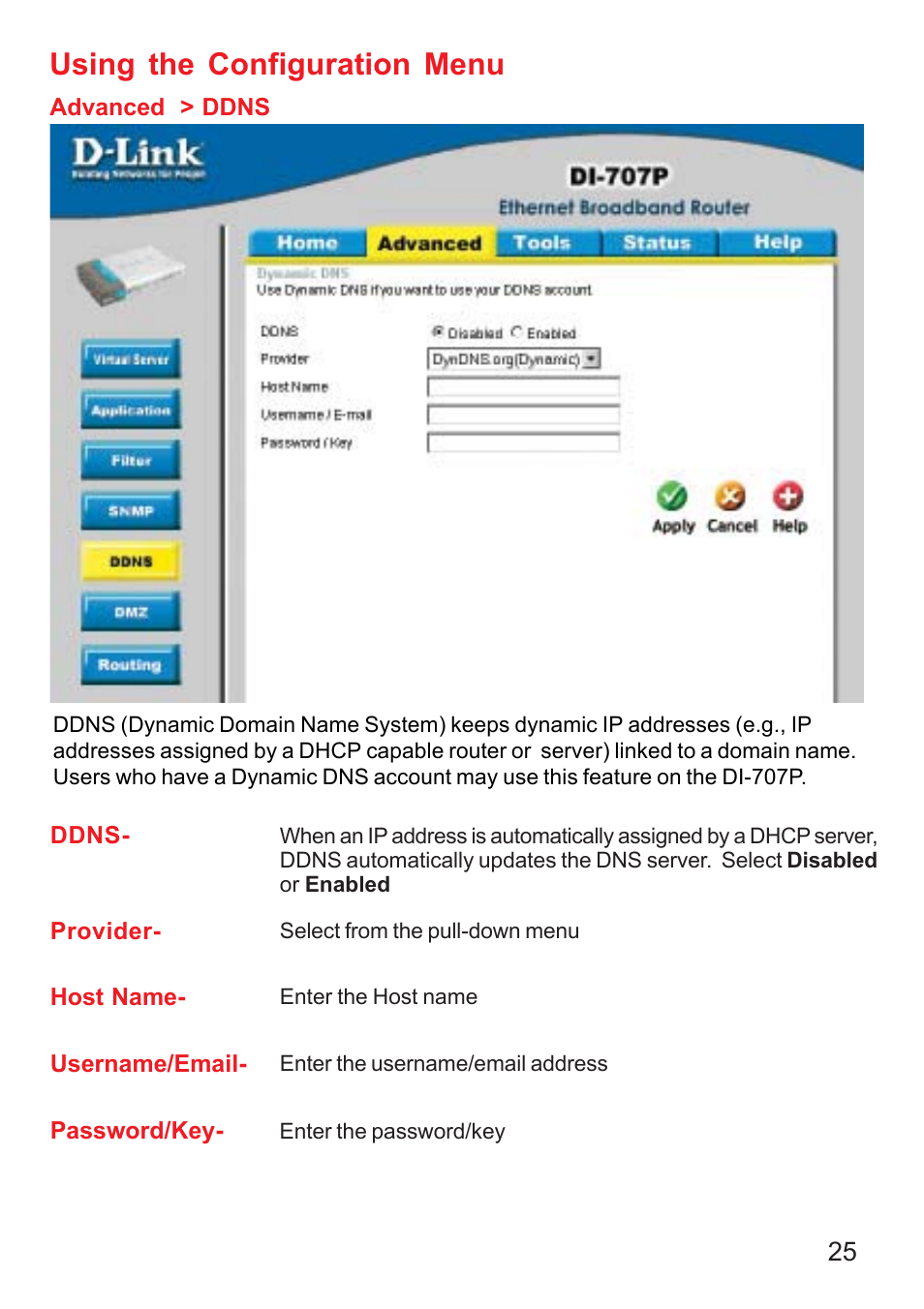 Using the configuration menu | D-Link DI-707P User Manual | Page 26 / 75