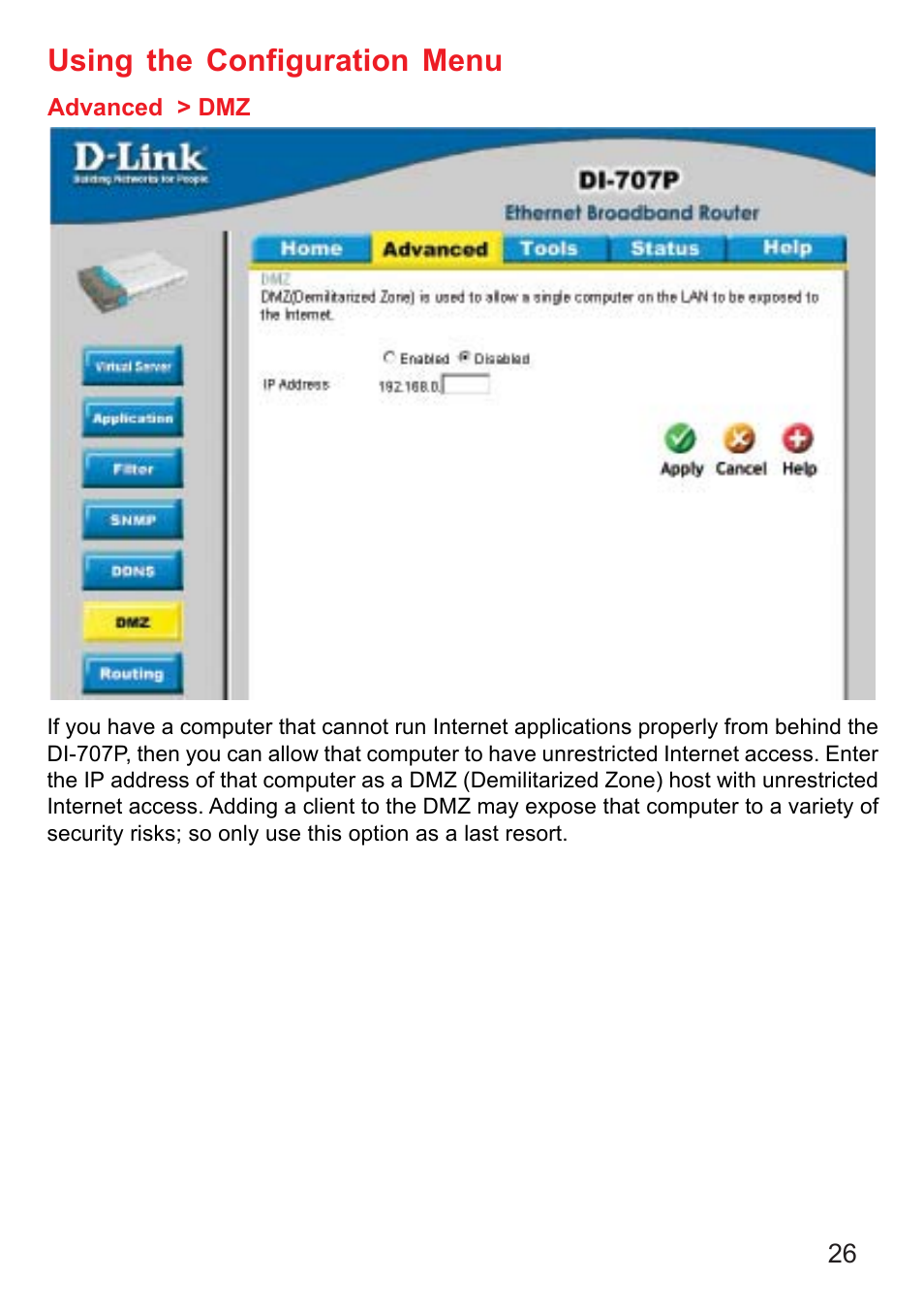 Using the configuration menu | D-Link DI-707P User Manual | Page 27 / 75
