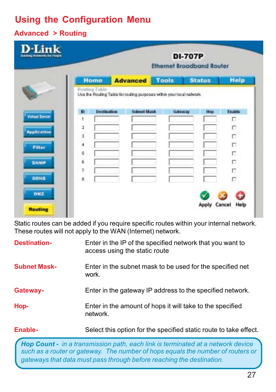 Using the configuration menu | D-Link DI-707P User Manual | Page 28 / 75