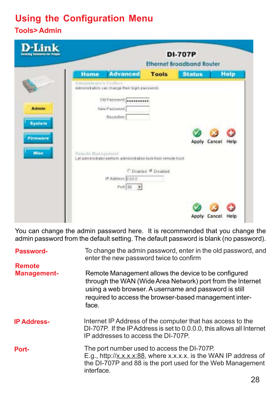 Using the configuration menu | D-Link DI-707P User Manual | Page 29 / 75