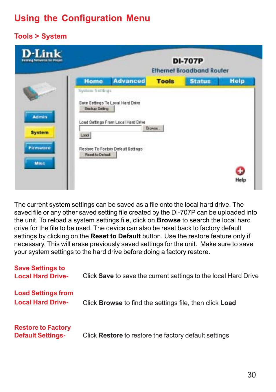 Using the configuration menu | D-Link DI-707P User Manual | Page 31 / 75