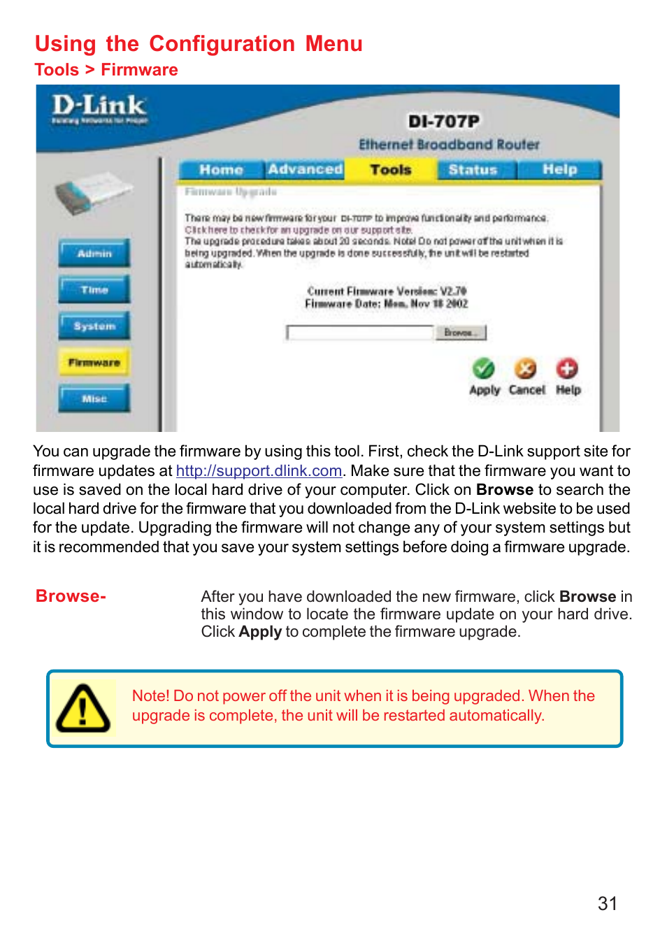 Using the configuration menu | D-Link DI-707P User Manual | Page 32 / 75